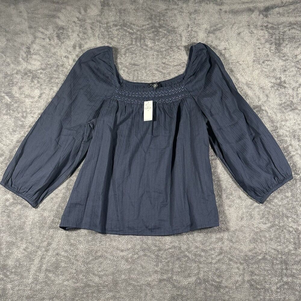Banana Republic SzS Peasant Smocked Blouse Navy Boho Puff Sleeve OffShoulder 70s